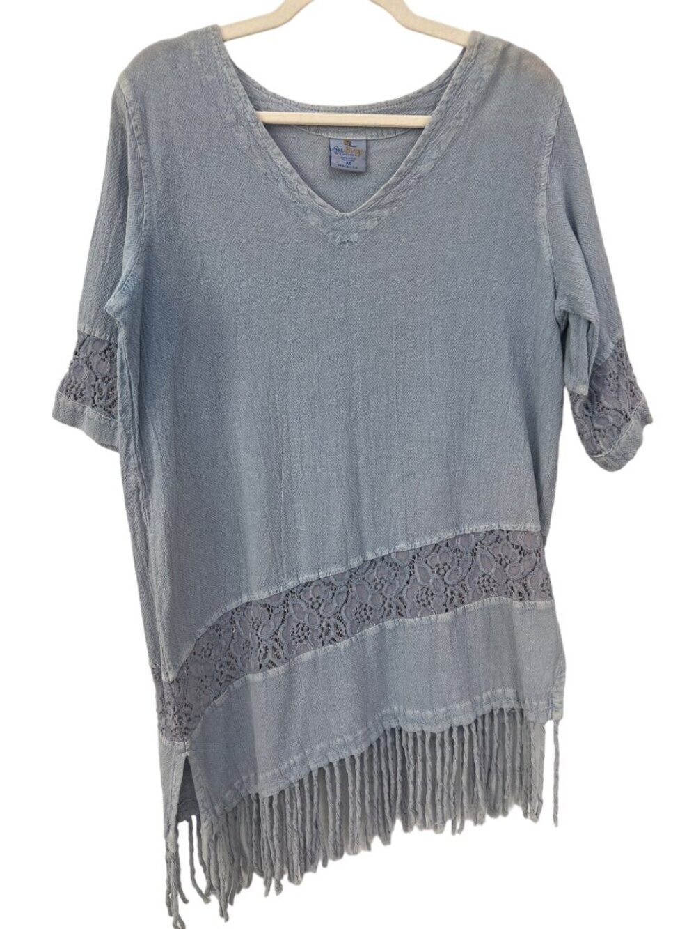 Sea Breeze Tunic Top Medium Asymmetrical Lace Fringe Hem Blue Cotton Bohemian